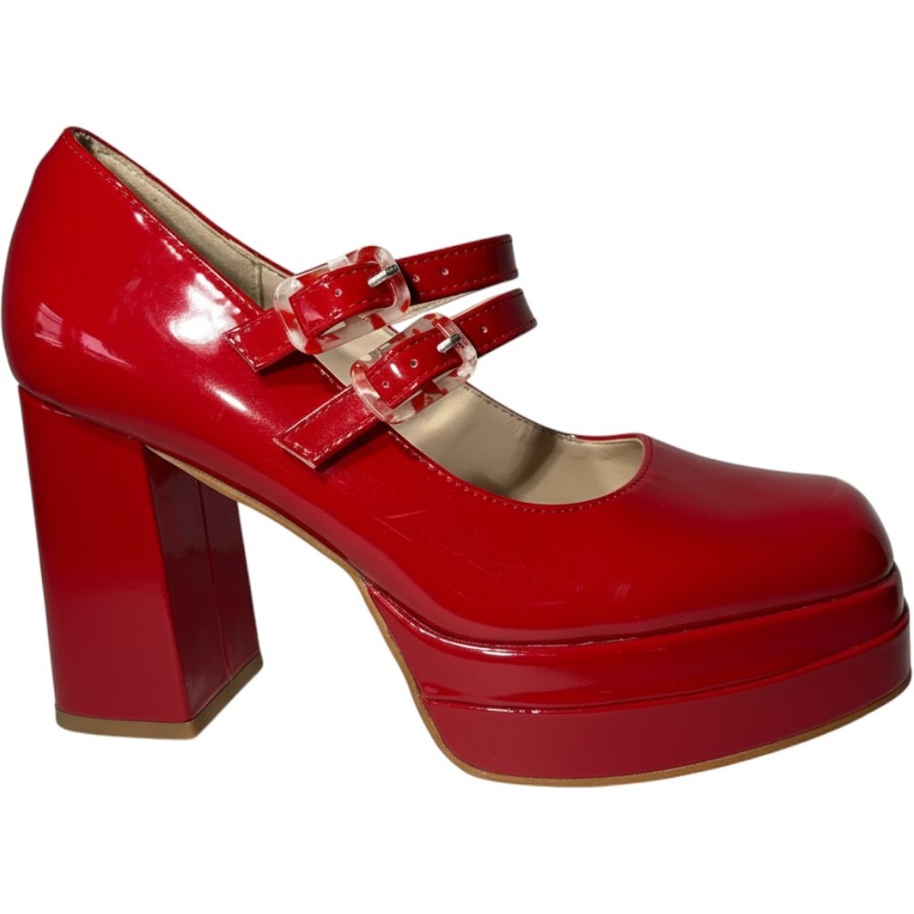 Coutgo Mary Jane Heels Women 7 Red Patent Double Strap Platform Block Heel
